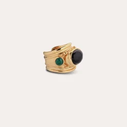 Bague Simone dorée - Basalt noir & Malachite