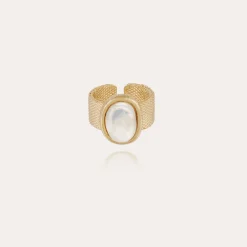 Bague Totem Ovo grand modèle dorée - Nacre blanche