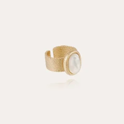 Bague Totem Ovo grand modèle dorée - Nacre blanche