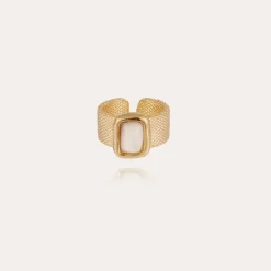 Bague Totem Pierre grand modèle dorée - Nacre blanche