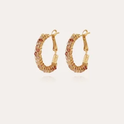 Boucles d'oreilles créoles Lyre dorées - Grenat & Pierre de Lune
