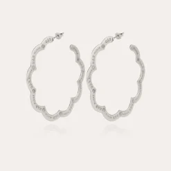 Boucles d'oreilles créoles Bolduc Flore gravées grand modèle argentées