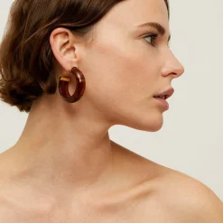 Boucles d'oreilles créoles Abalone acétate dorées - Marron
