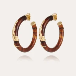 Boucles d'oreilles créoles Cobra acétate dorées - Marron