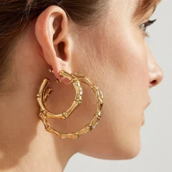 Boucles d'oreilles créoles Bambou strass dorées