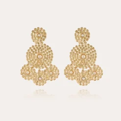 Boucles d'oreilles Lucky Sequin cabochons petit modèle dorées - Nacre blanche & strass