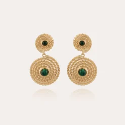 Boucles d'oreilles Onde Lucky cabochons mini dorées - Malachite