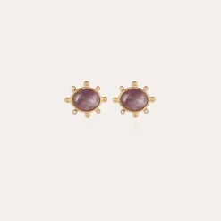 Boucles d'oreilles puces Tiki petit modèle dorées - Améthyste