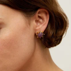 Boucles d'oreilles puces Tiki petit modèle dorées - Améthyste