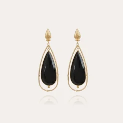 Boucles d'oreilles Serti Cage grand modèle dorées - Onyx Noir