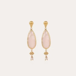 Boucles d'oreilles Serti Goutte petit modèle dorées - Quartz rose
