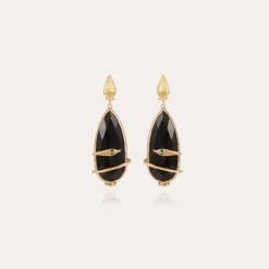 Boucles d'oreilles Serti Goutte Bis dorées - Onyx noir