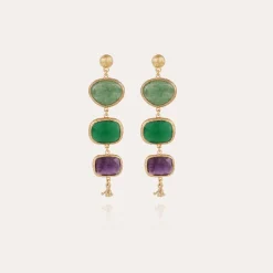 Boucles d'oreilles Silène dorées - Quartz vert, Onyx vert & Améthyste