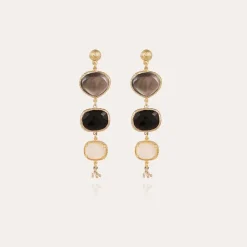 Boucles d'oreilles Silène dorées - Nacre grise, Onyx noir & Nacre blanche