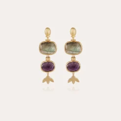 Boucles d'oreilles Silène petit modèle dorées - Labradorite & Améthyste
