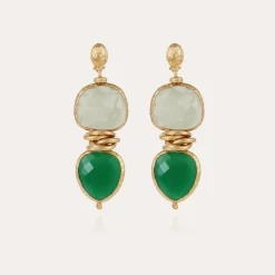 Boucles d'oreilles Sirena petit modèle dorées - Quartz vert & Onyx vert