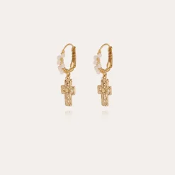 Boucles d'oreilles Tao Yuca Croix perles dorées