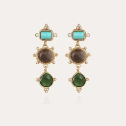 Boucles d'oreilles Tiki 3 dorées - Turquoise, Marbre gris & Serpentine