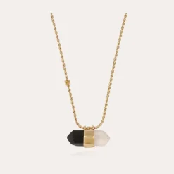 Collier Aventurine grand modèle dorée - Basalte Noir & Cristal de Roche
