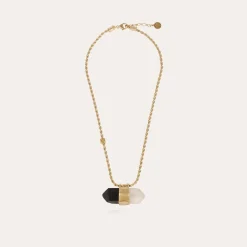 Collier Aventurine grand modèle dorée - Basalte Noir & Cristal de Roche