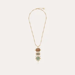 Collier Tiki 3 rangs doré - Bois, Labradorite & Quartz vert