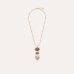 Collier Tiki 3 rangs doré - Bois, Améthyste & Hématoide rouge