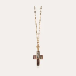 Sautoir Croix Serti doré - Nacre grise