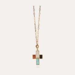 Sautoir Croix Serti doré - Nacre blanche, Turquoise, Cornaline & Onyx noir