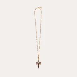 Sautoir Croix Serti doré - Nacre grise