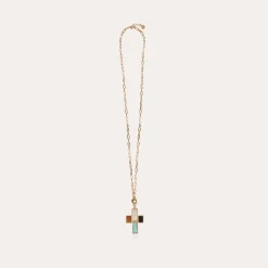 Sautoir Croix Serti doré - Nacre blanche, Turquoise, Cornaline & Onyx noir